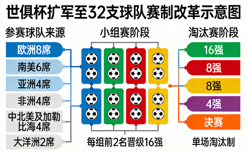 世俱杯扩军至三十二支球队的赛制改革示意图